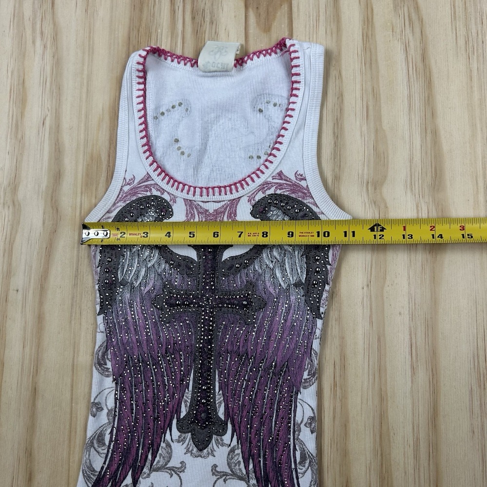 Vocal USA Women's Fitted White Bling Bedazzled Wings Tank Top Affliction Style S - Picture 8 of 10
